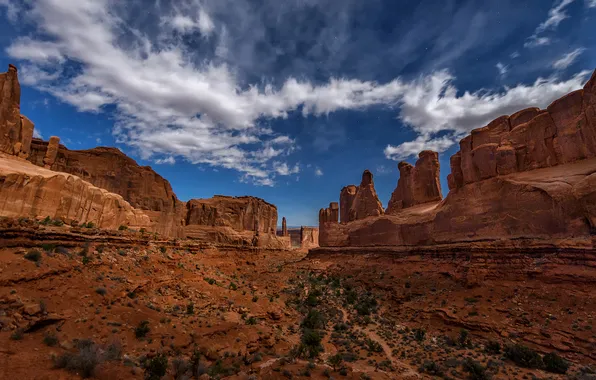 The sky, clouds, mountains, blue, stones, rocks, desert, view