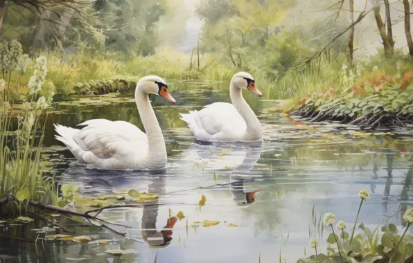 Summer, grass, birds, nature, lake, pond, shore, picture