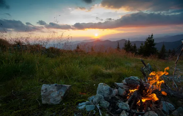 Mountains, the evening, the fire, Ukraine, Carpathians