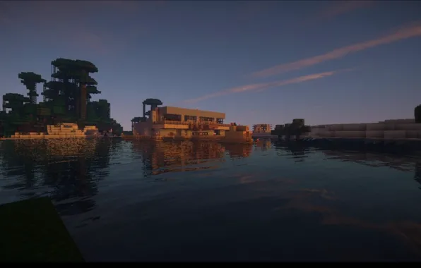 The sky, water, clouds, trees, house, shore, Bay, Minecraft