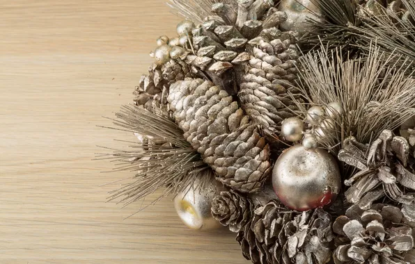 Balls, branches, Board, silver, Christmas, New year, needles, wreath