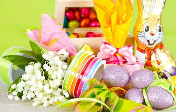 Chocolate, eggs, Easter, gifts, lilies of the valley, braid, chocolate Bunny