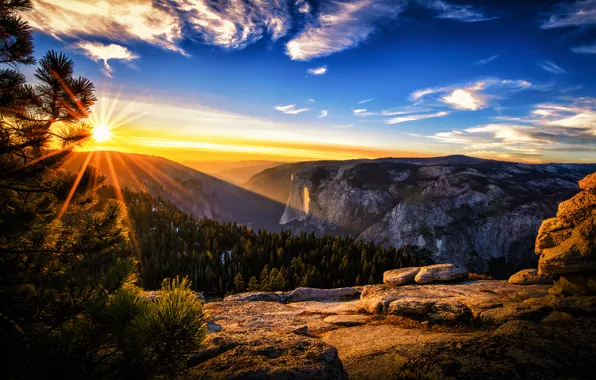 Picture summer, the sun, rays, morning, CA, USA, Yosemite, national Park