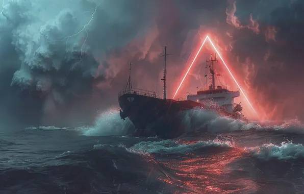 Sea, Wave, Lightning, Ship, Rain, Storm, The portal, Digital art