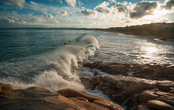 Picture sea, wave, beach, the sky, the sun, clouds, stones, coast