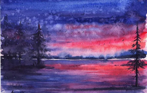 Picture forest, sunset, birds, river, the evening, watercolor, tree, painted landscape