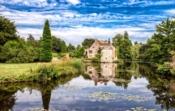The sky, clouds, house, island, Scotney castle, English, Bank, country