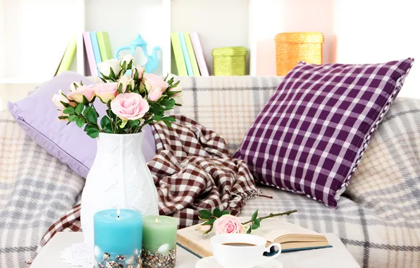 Flowers, tea, roses, candles, book, vase