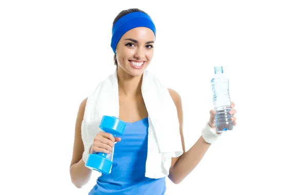 Look, water, girl, pose, smile, bottle, towel, hands