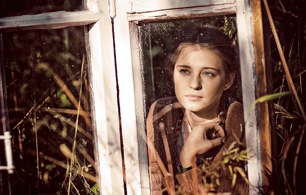 Look, glass, girl, light, branches, house, mood, frame