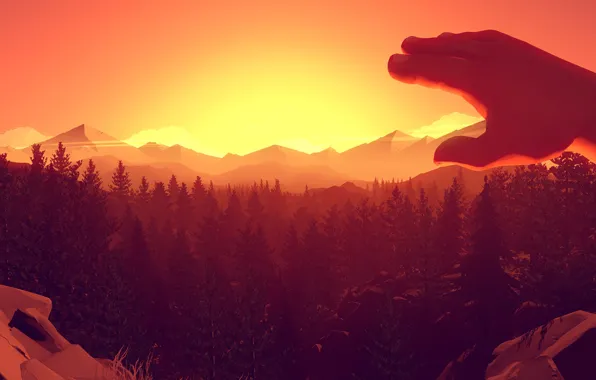 Sunset, The evening, Mountains, The game, Trees, Forest, View, Hand