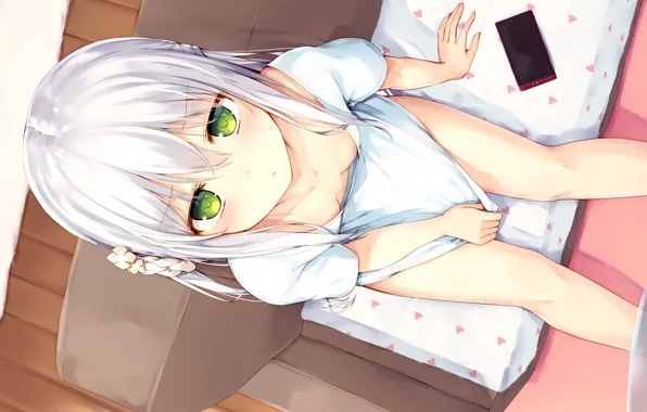 Neckline, phone, white dress, on the couch, white hair, green eyes, knees, embarrassment