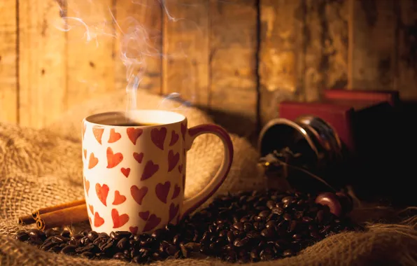 Coffee, mug, hearts, coffee beans