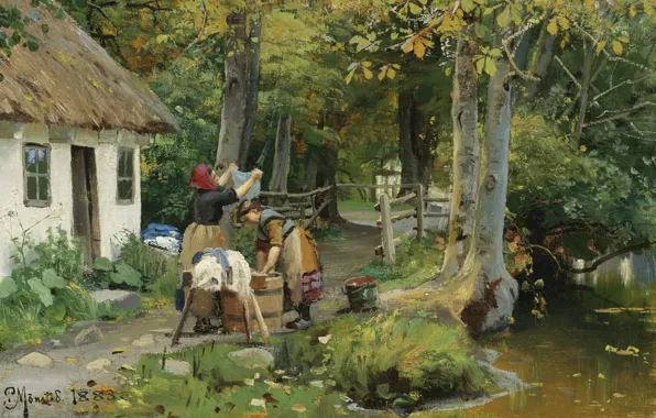 Picture Danish painter, 1883, Peter Merk Of Menstad, Peder Mørk Mønsted, Danish realist painter, Laundry day, …