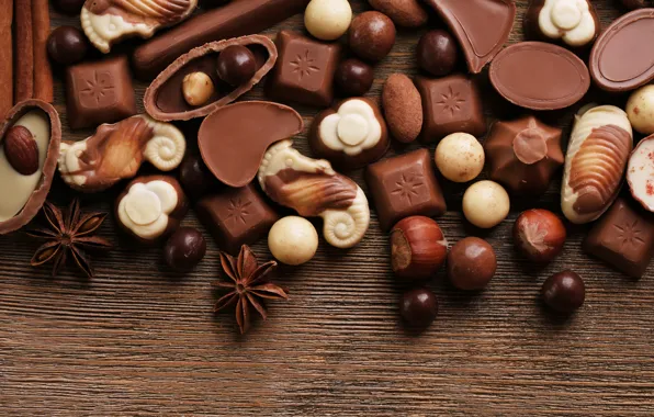 Picture chocolate, candy, sweets, nuts, dessert, star anise, Anis