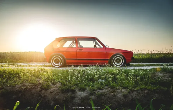 Sunset, The sun, Red, Auto, Volkswagen, Machine, Golf, Volkswagen Golf