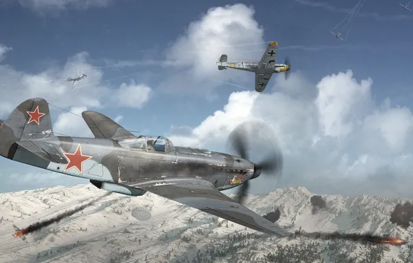The sky, mountains, battle, the battle, aircraft, Yak-9u Vs Bf 109G 6