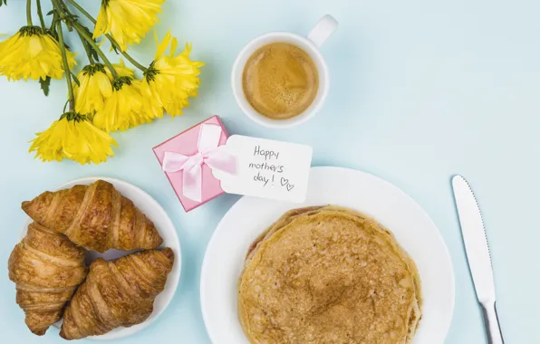 Flowers, gift, coffee, Breakfast, pancakes, croissants