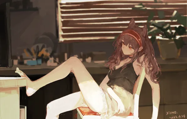 Girl, table, chair, Angelina, ears, Arknights