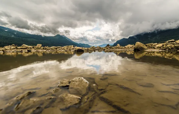 The sky, clouds, mountains, lake, stones