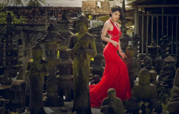 Girl, style, dress, Asian, red dress, statues