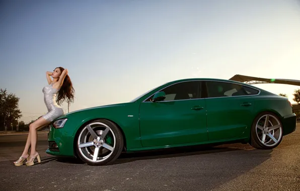 Picture look, Audi, Girls, Asian, beautiful girl, green car, on the hood