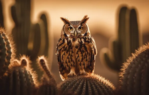 Look, nature, owl, bird, desert, cacti, owl, AI art