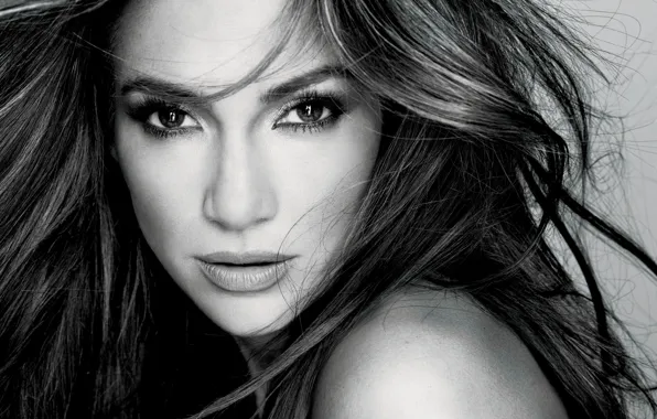 Picture actress, singer, Jennifer Lopez, black-and-white background, j lo, Jennifer Lopez
