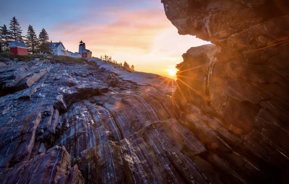 Wallpaper the sun, rays, rocks, shore, lighthouse for mobile and ...