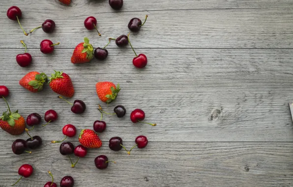Cherry, berries, strawberry, wood, fruit, cherry, strawberry