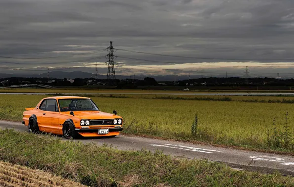 Auto, Machine, Clouds, Orange, Nissan, Nissan, Lights, Car
