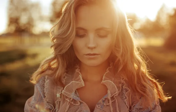 The sun, landscape, portrait, makeup, dress, hairstyle, blonde, beauty