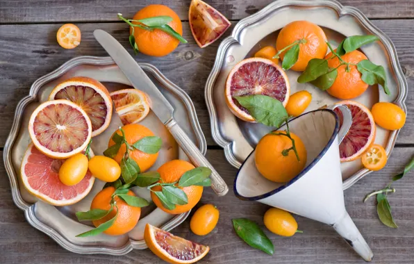 Picture leaves, oranges, plates, lake, fruit, citrus, the kumquats