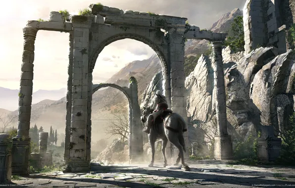 Picture gate, rider, Assassins Creed, ruins