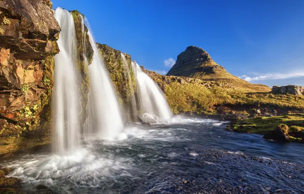 The sky, mountain, waterfall, Iceland, Kirkjufell
