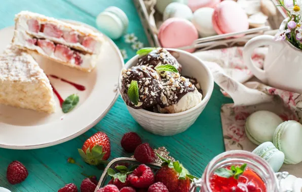 Berries, raspberry, chocolate, cookies, strawberry, ice cream, cake, dessert