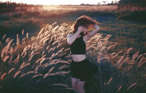 Field, grass, girl, the sun, the wind, skirt, Mike, figure