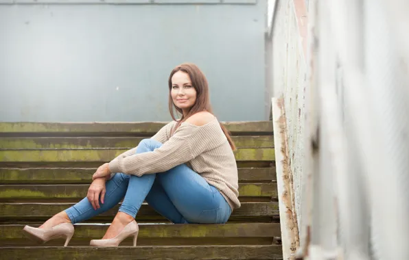 Girl, face, hair, jeans, heels, legs, sitting