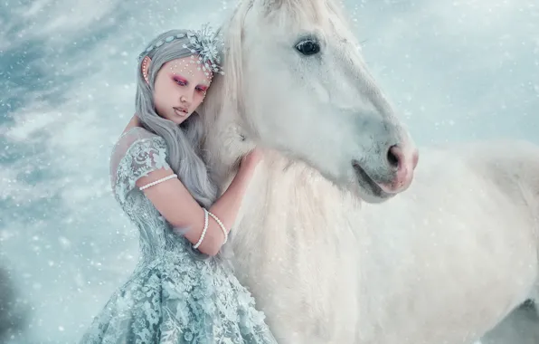 Winter, girl, snow, style, horse, horse, fantasy, photographer