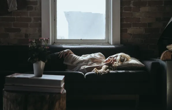 Flowers, Girl, Fog, Weather, Window, Vase, Books, Dark