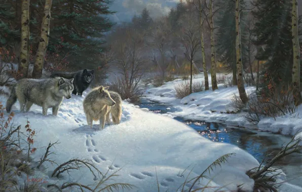 Winter, forest, animals, stream, the evening, wolves, painting, Mark Keathley