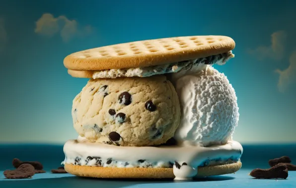 The sky, clouds, chocolate, cookies, ice cream, cream, dessert, blue background