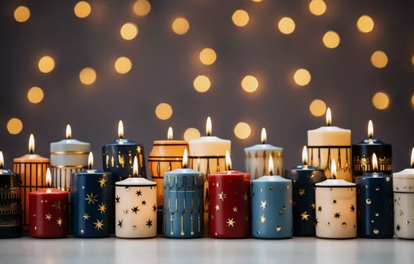 Lights, table, flame, candles, Christmas, New year, colorful, stars