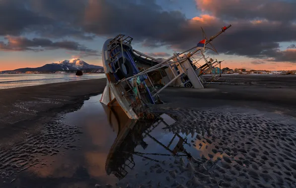Coast, sunset, ship, abandoned, rust, shipwreck