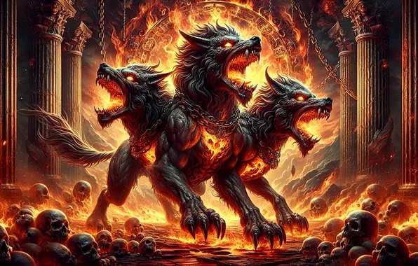 Fire, flame, columns, skull, Cerberus, purgatory, the Hellhound