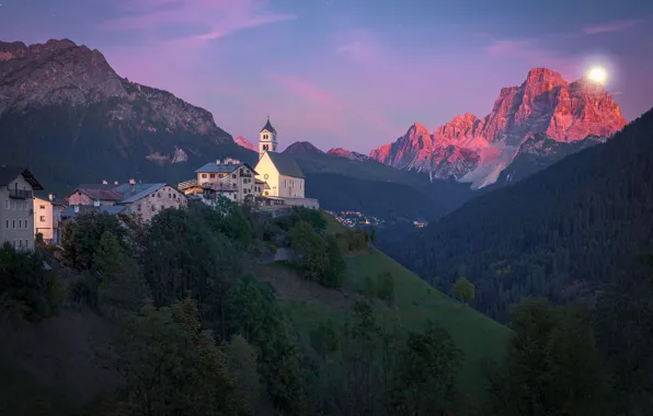 Picture forest, sunset, mountains, hills, Alps, Church, domki