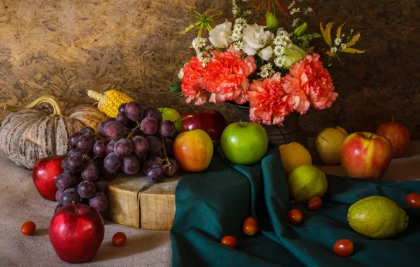 Flowers, apples, bouquet, grapes, pumpkin, fruit, still life, vegetables
