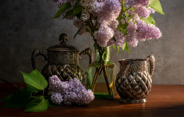 Wallpaper flowers, table, bottle, bouquet, spring, kettle, dishes, pitcher