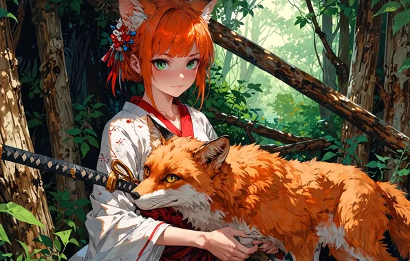 Girl, katana, anime, Fox
