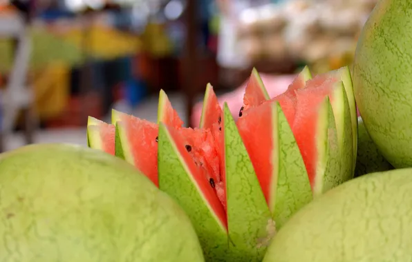 Summer, watermelon, form, market, watermelons, slices, bokeh, Bazaar